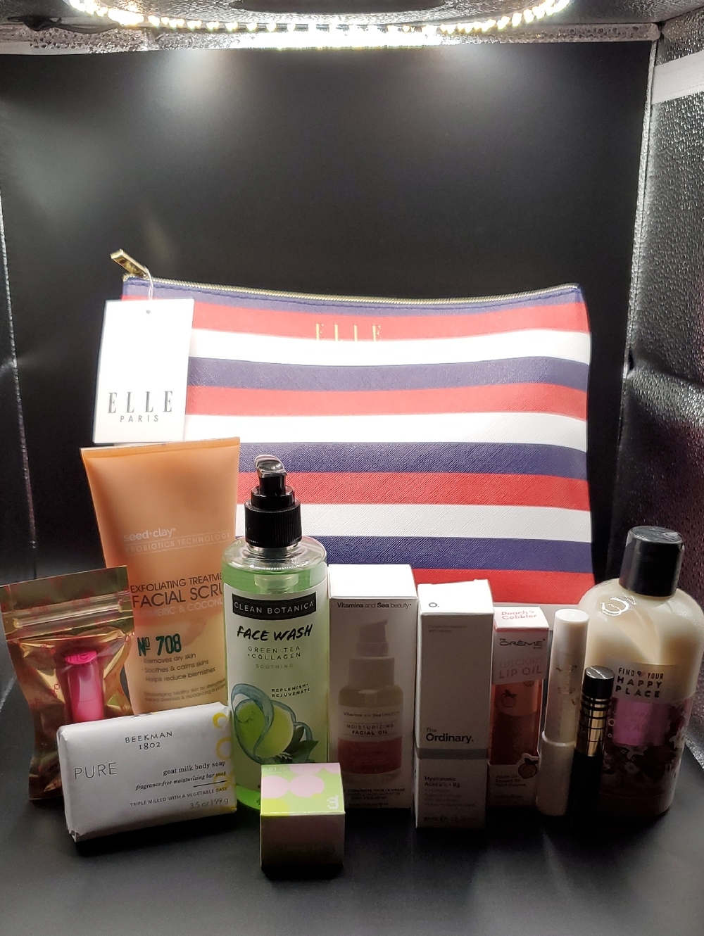 Elle Red, White & Navy Striped Cosmetic Pouch with Gold Zipper Beauty Bundle